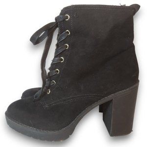 H&M Women's Black Lace-Up Booties Chunky 3" Heel Sherpa Lined Size 7